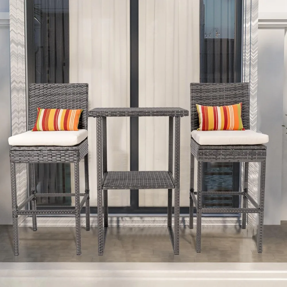 Outdoor bar stool 2-piece set, woven wicker bar stool 2-piece set, terrace bar chair with pillow and beige cushion