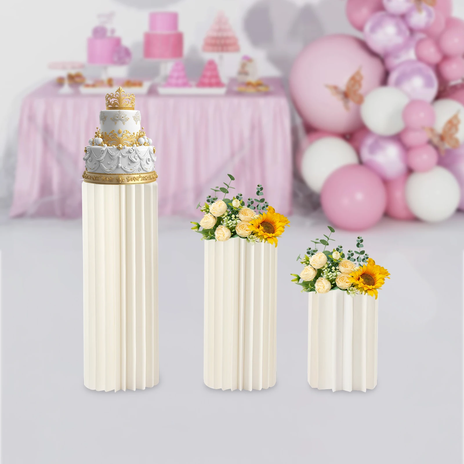 3 Stück faltbare Blumenständer aus Pappe, Hochzeits-Mittelstücke, Pappenvasen, runde Säulen, Sockel-Kuchenständer für Hochzeitsfeier – Detail 2