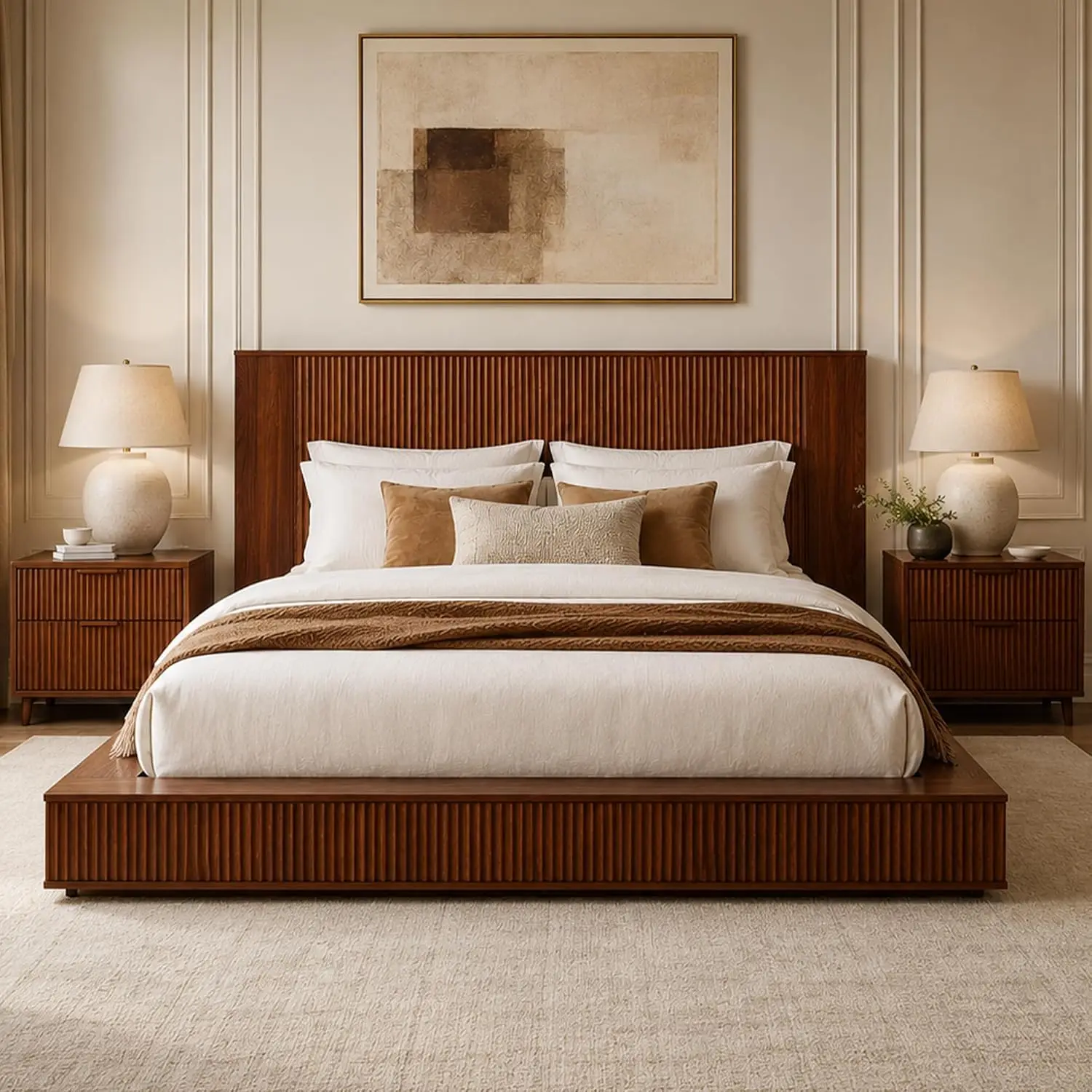 Platform Bed Frame W/ Fluted Headboard, No Box Spring Required, Customized