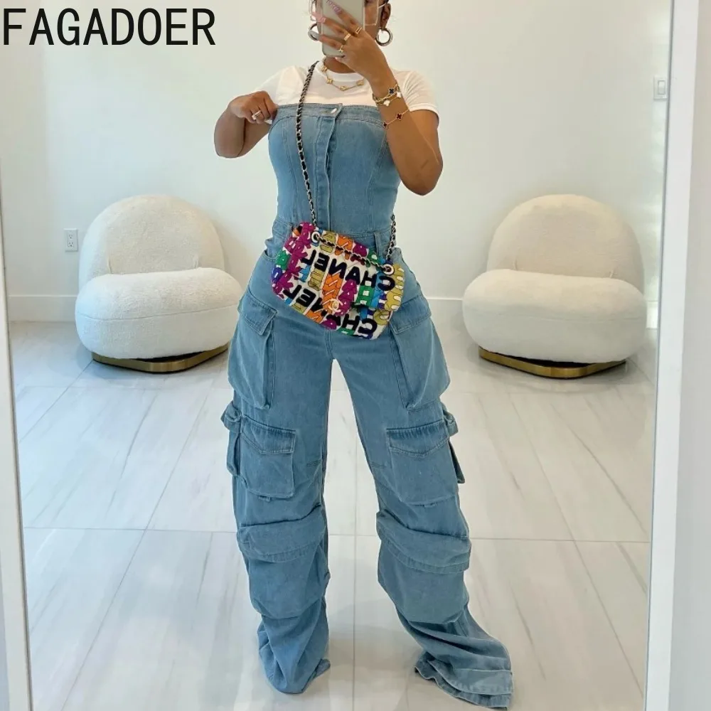 

FAGADOER Fashion Denim Splicing Loose Cargo Pants Jumpsuits Women Round Neck Short Sleeve Sporty Playsuits Female Cowboy Overall