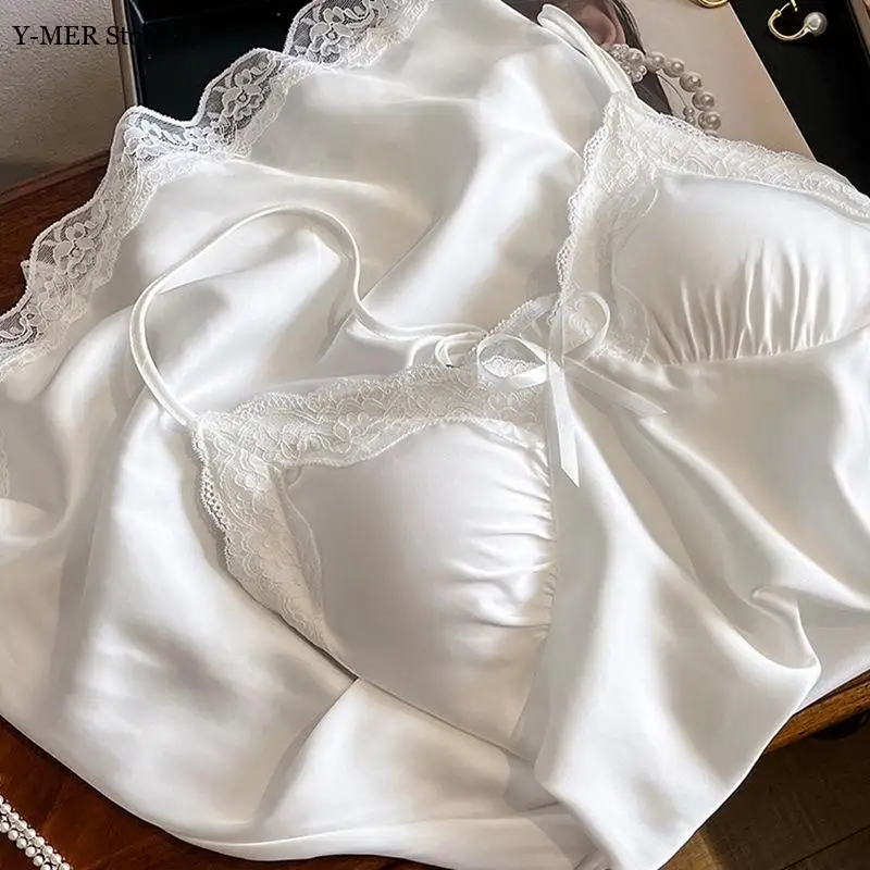 

2025 Summer New Lingerie Ice Silk Night Dress Woman Sleepwear Lace Patchwork Home Dressing Gown Babydooll Female Pajamas