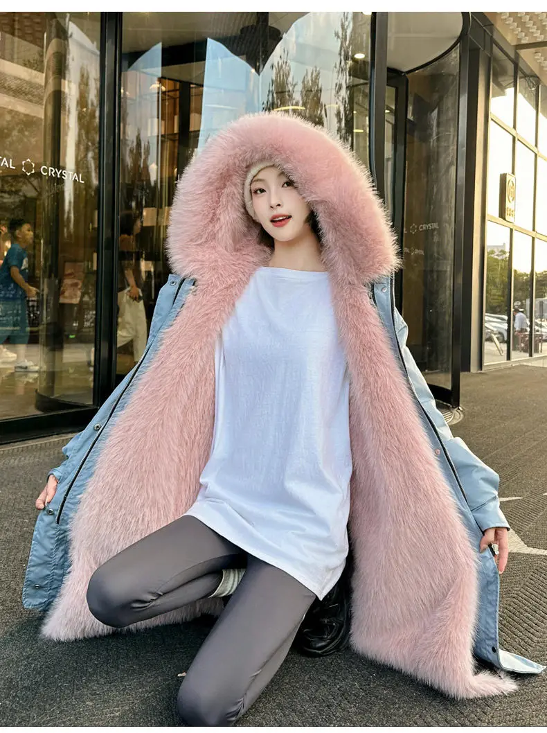 เสื้อโค้ทพาร์กาผู้หญิง ฤดูหนาว 2025 ซับในขนเฟอร์เทียมแบบถอดได้ แจ็คเก็ตยาวอุ่น