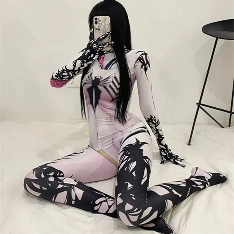 Cosjie Cosplay Spider Sexy Erotic Lingerie Zentai Suit Woman Jumpsuit SuperHero Costume White Bodysuit Fancy Outfit Party  Open