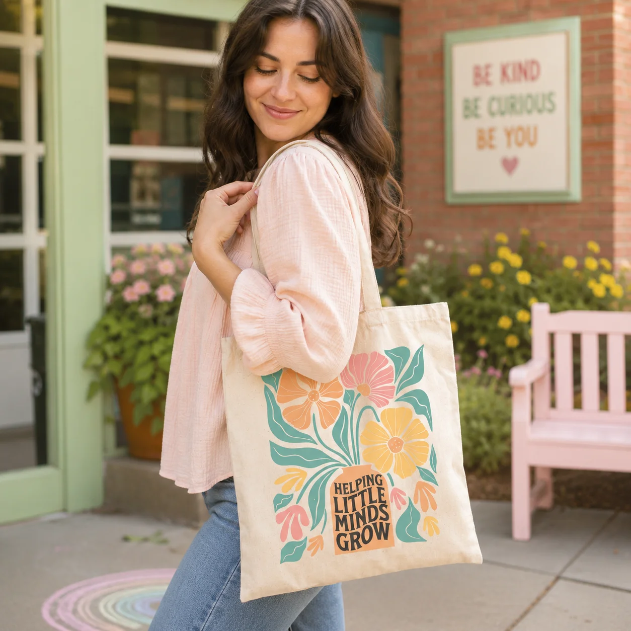Boho Wildflower Teacher Tote Bag, Helping Little Minds Grow Quote Canvas Handbag, Back‑to‑School Work Bag for Educators