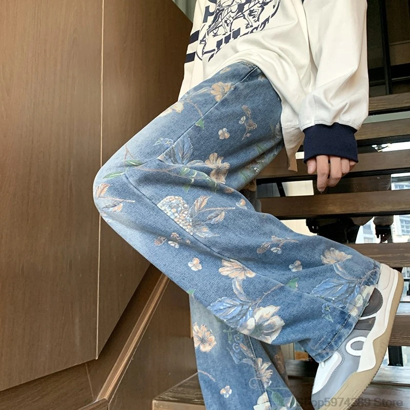 2024 Mens Fashion Floral Printed Jeans Korean Style Autumn Denim Pants High Street Loose Trousers Hip Hop Wide-leg Jean Pants