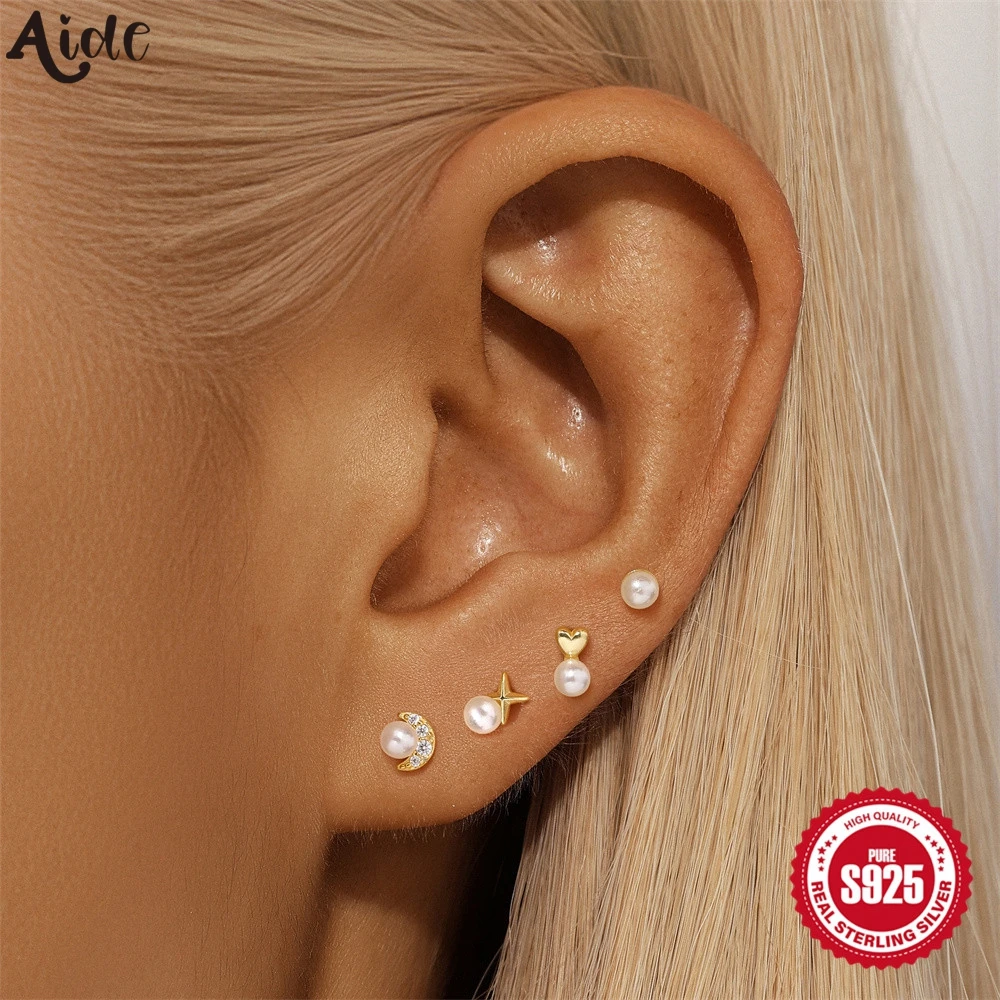 Aide 925 Sterling Silver 4pcs Set White Pearl Crystal Small Ear Stud Earrings Set For Women Girls Fashion Ear Studs Ear Jewelry