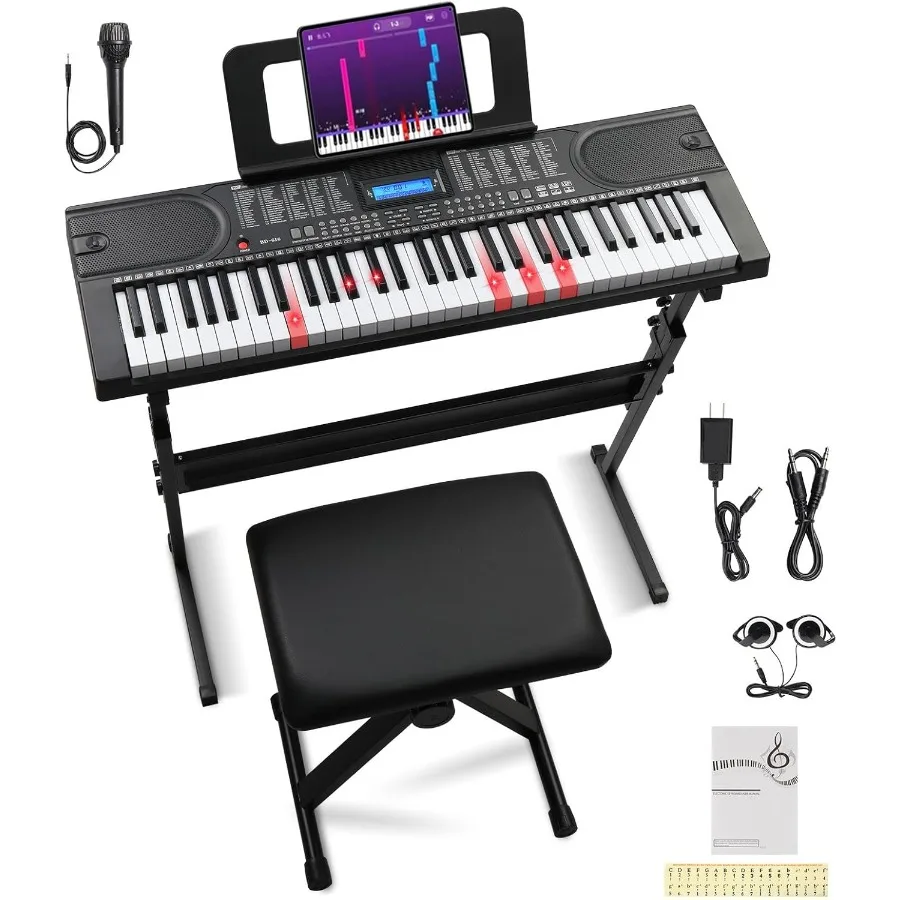 61Key Electric Keyboard Piano with Clear LCD Screen Adjustable Stand and Stool Headphones Microphone Note Stickers Complete Set