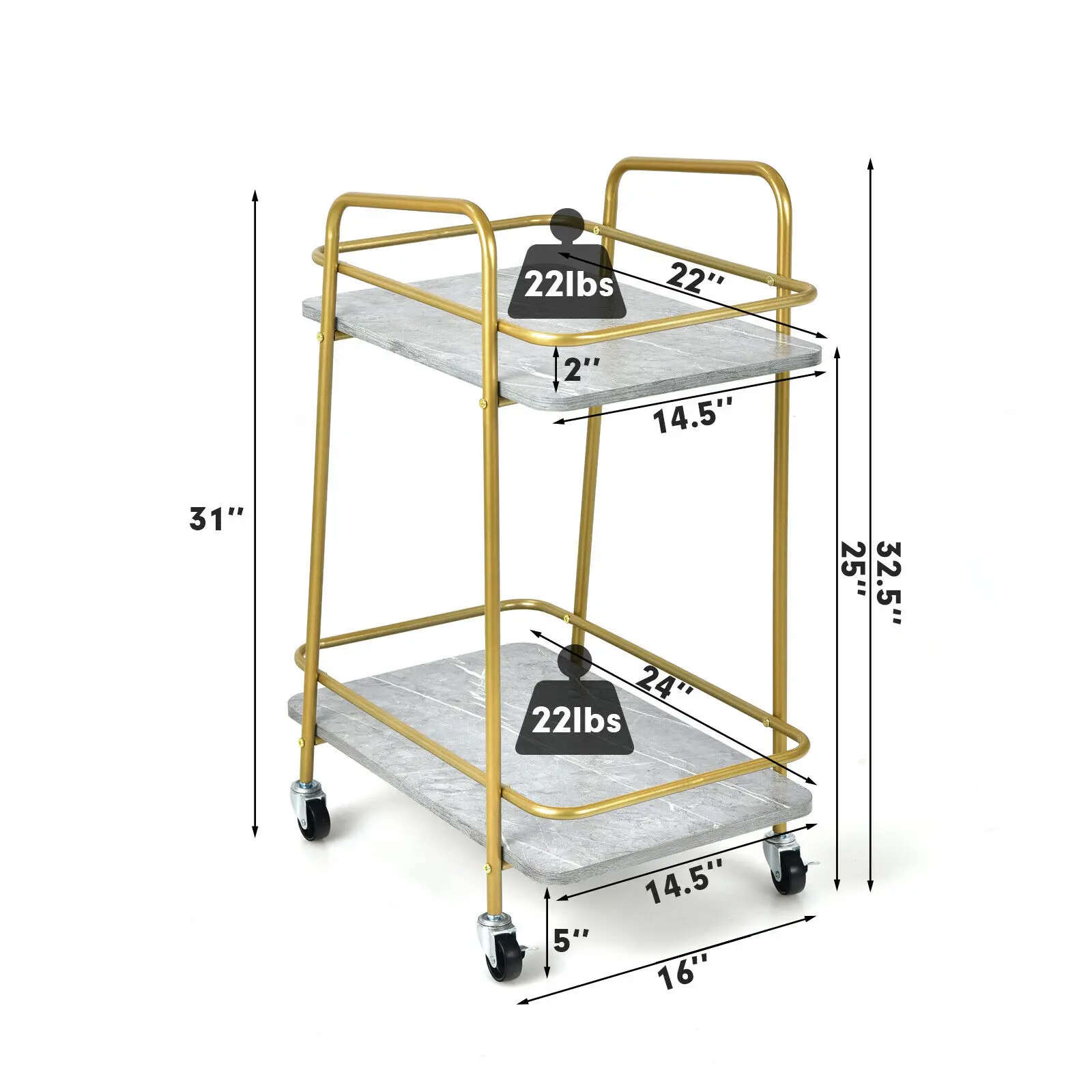 Costway Gold Serving Cart Utility Trolley on Wheel Rolling Kitchen Rack w/Handle