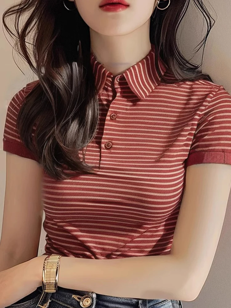 

Unique Stylish Red Stripe Short Sleeve Women's T-shirt Shoulder Width Regular Fit Korean Style Commute Casual Summer Top