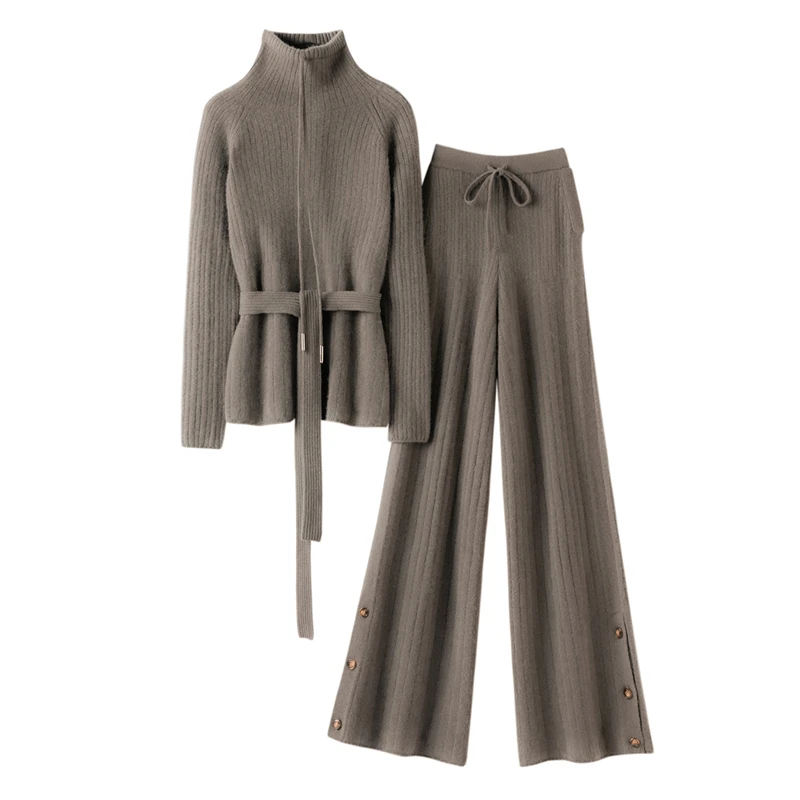 Autumn And Winter 100% Cashmere Women'S Suit With Turtleneck Sweater Knitted Top And Wide-Leg Pants Fashionable Two-Piece Set