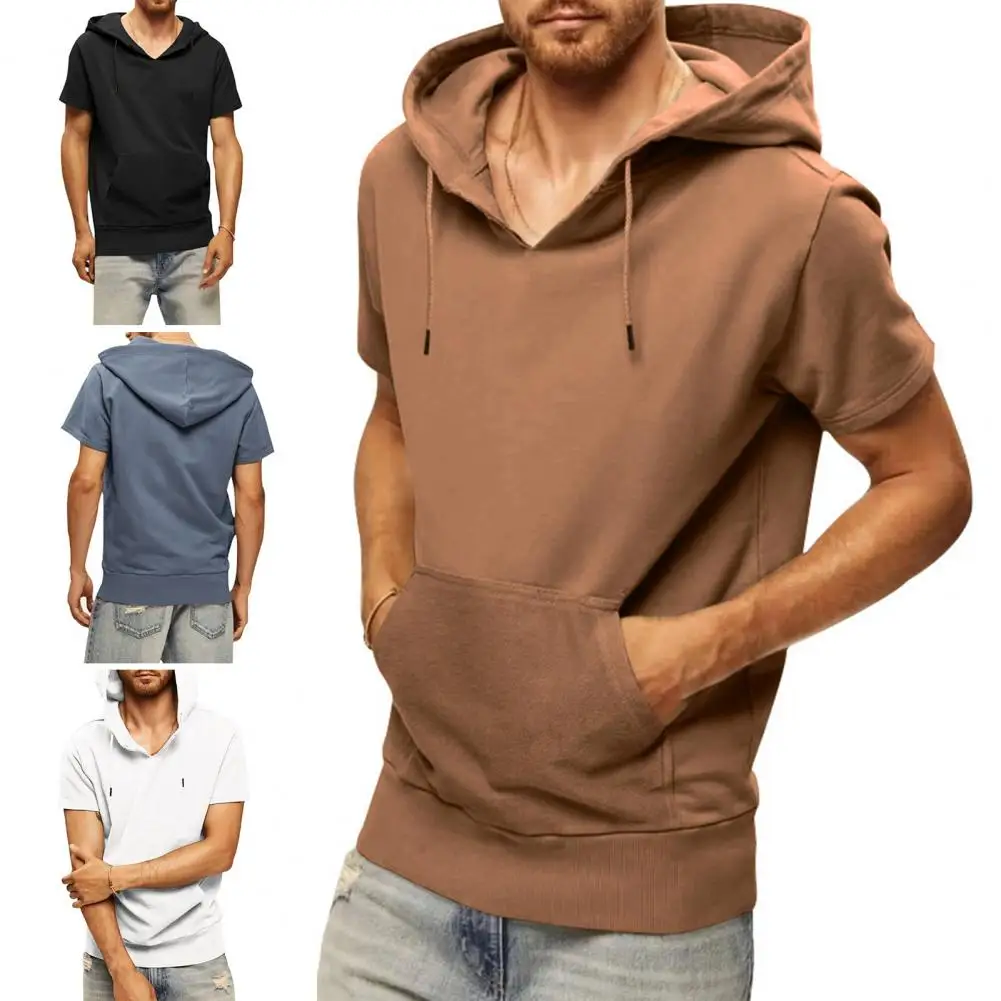 

Men Workout Gym Tank Top Hoodie Short Sleeve Drawstring Sweatshirt T-shirt Men Solid Color Sport Hooded Tee Shirt Streetwear