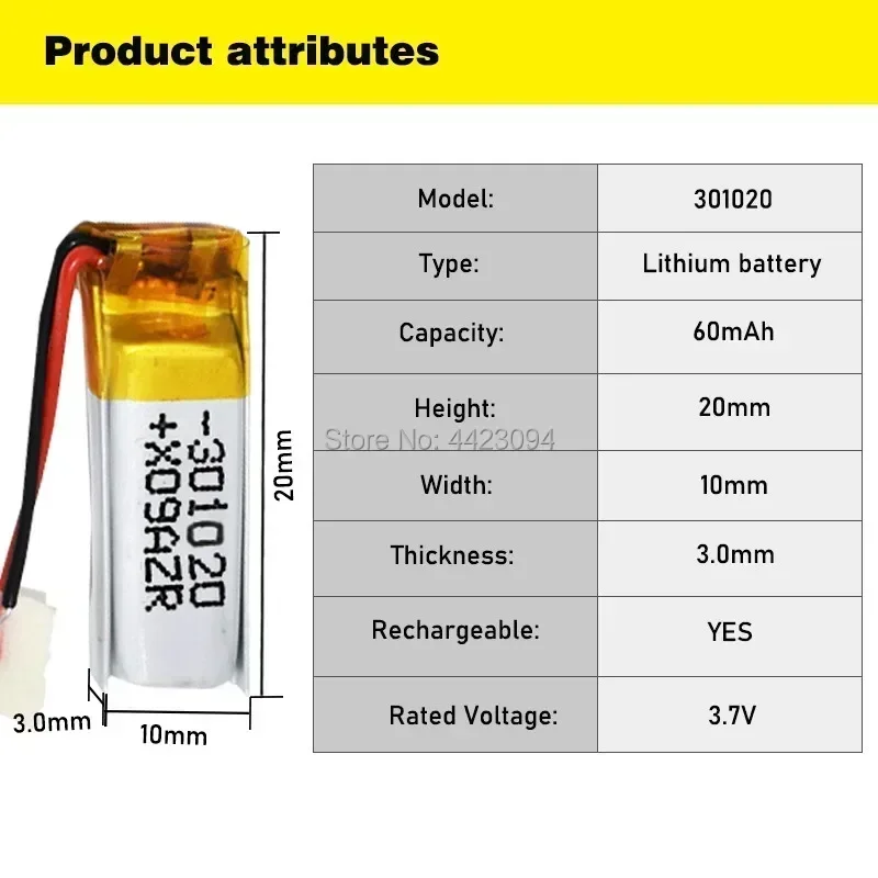 3.7v 60mAh lithium polymer battery 301020 li-polymer Rechargeable battery 301020 For bluetooth earphone toy recording pen MP5