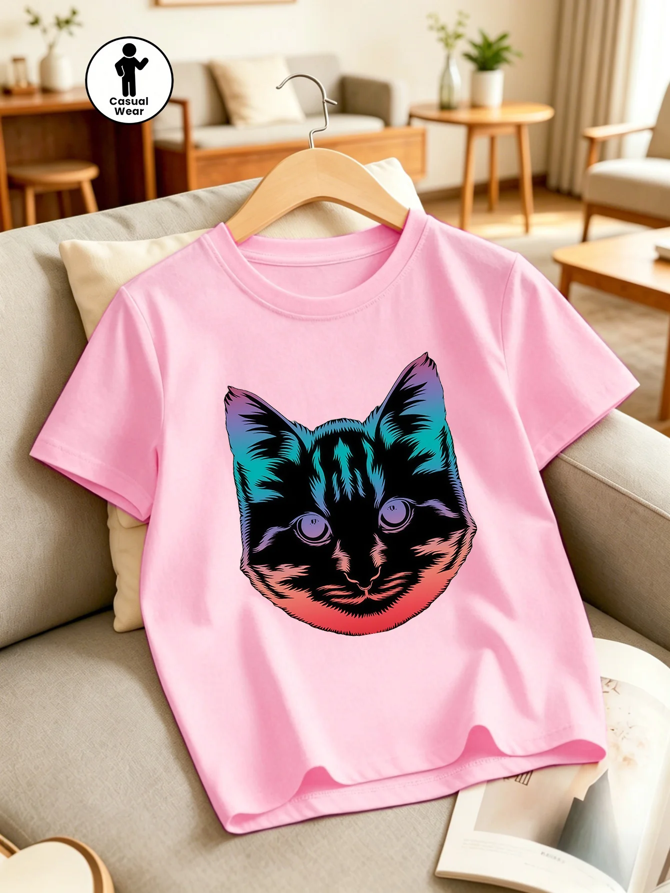 Neon Gradient Kitten Graphic Tee Boys Girls Kids Parent Child Matching T Shirt Crew Neck Short Sleeve Soft Family Casual Gift