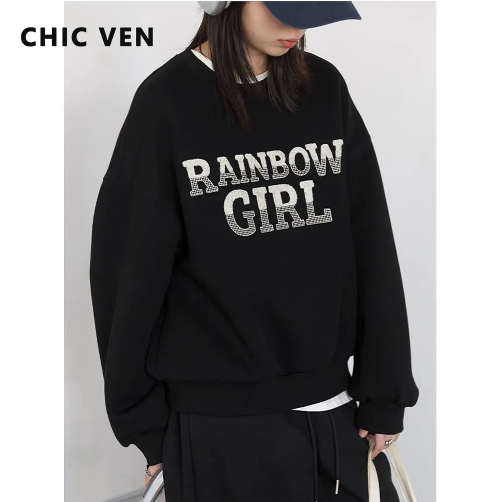 CHIC VEN damskie bluzy swetry O Neck luźna na co dzień wokół szyi Patchwork list haftowany top damski wiosna jesień 2025