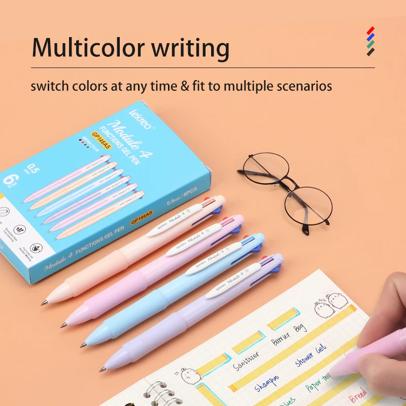 Lekreo GP146AS 6pcs Multicolor Gel Pen 0.5mm 4-in-1 Student Colored Pens Fine Point Pens for Planner Journaling Assorted