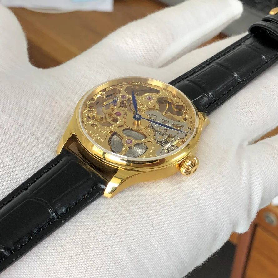 41mm GEERVO No Logo Golden St3600SK Skeleton Manual Winding Movement 21,600 Dph Blue Hands Men's Pilot Watch GR0923-26A