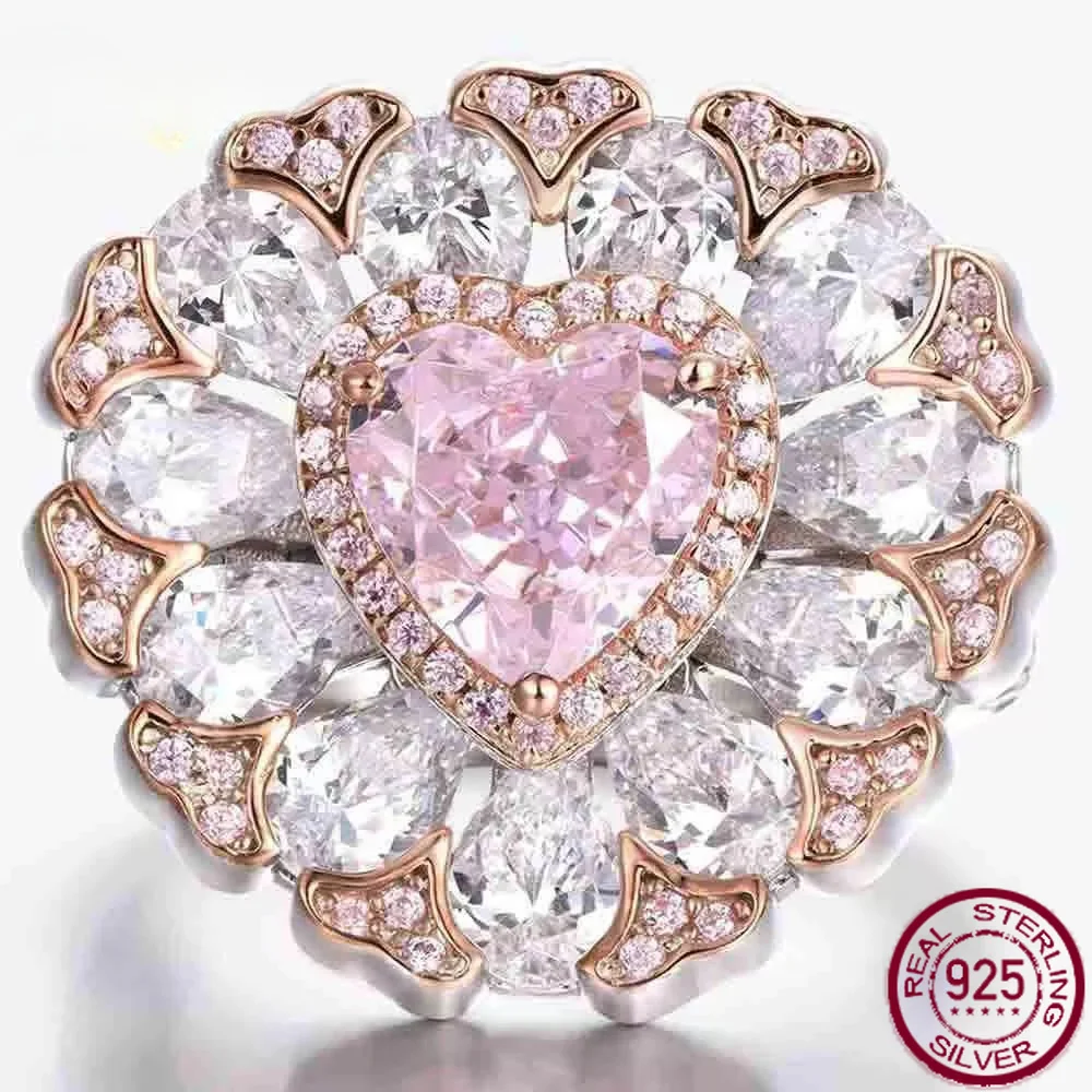 Yaranyan Luxury 100% 925 Sterling Silver Heart Cut Lab Sapphire High Carbon Diamonds Gemstone Cocktail Party Rings Fine Jewelry
