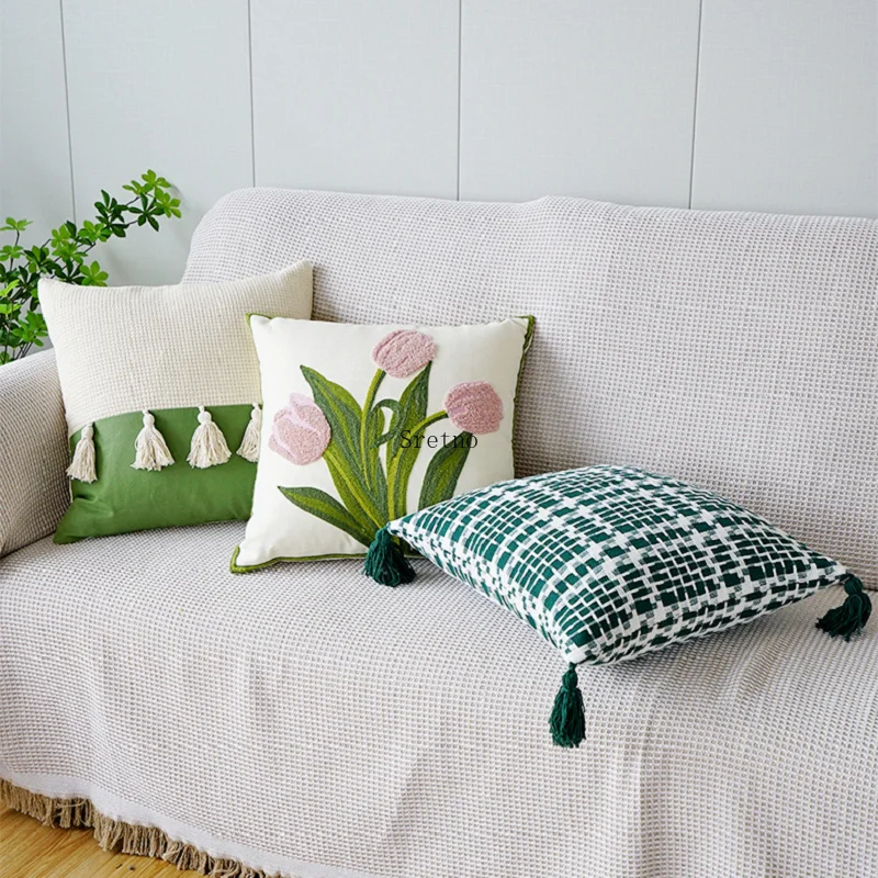 Green Fresh Plaid Cushions Cover Tassel Cushion Cover Tulip Embroidery Pillowcase Sofa Bed Pillow Covers Funda Cojines De 45x45