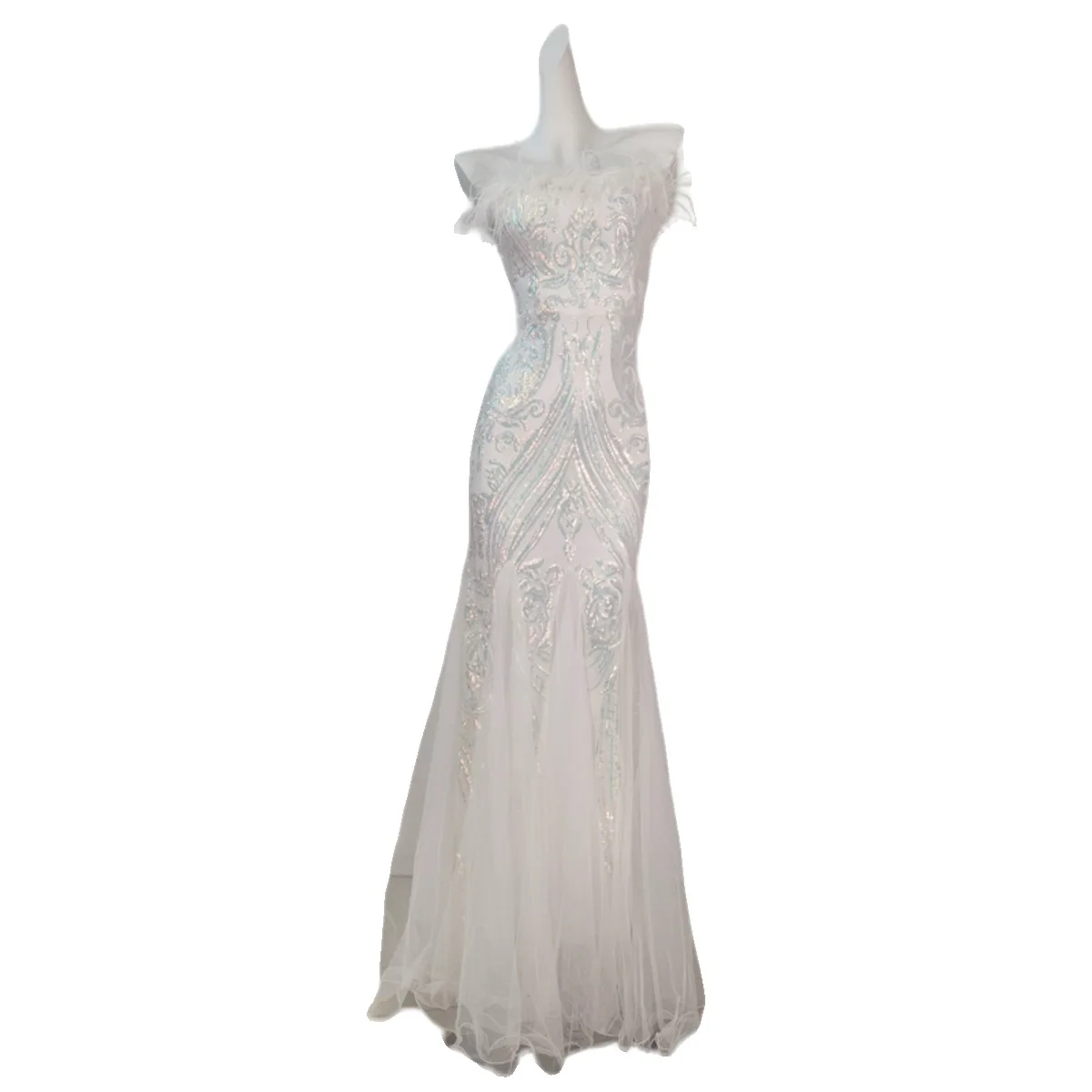 

Youth Graduation Evening Temperament Symphony Mermaid Ji Feather Tube Top Dress Show Figure Fishtail Formal Dress Women Elegant