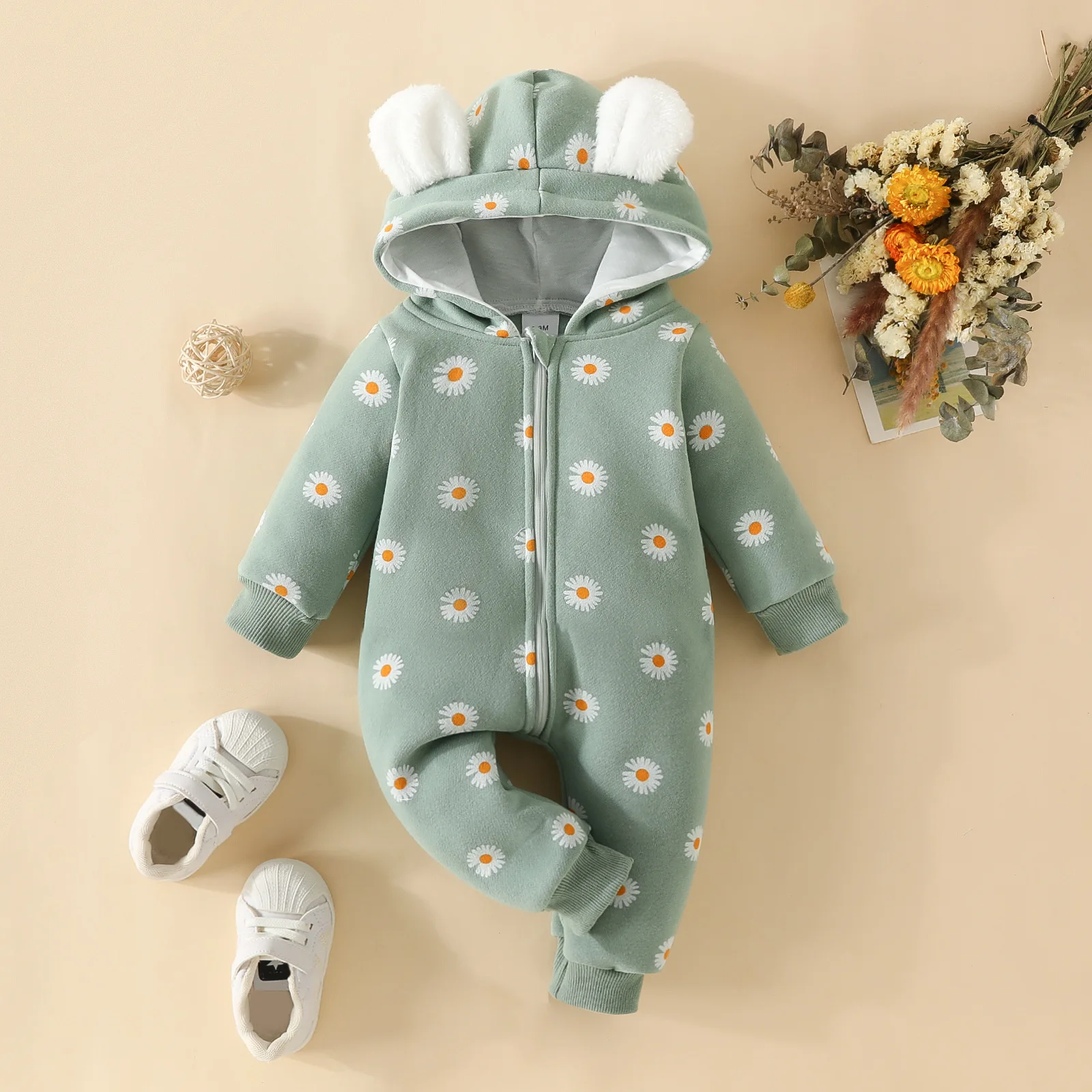 MILANCEL 2024 Autumn Baby Rompers Flower Print  Infant Girls Jumpsuits Bear Hoodie  Toddler Clothes