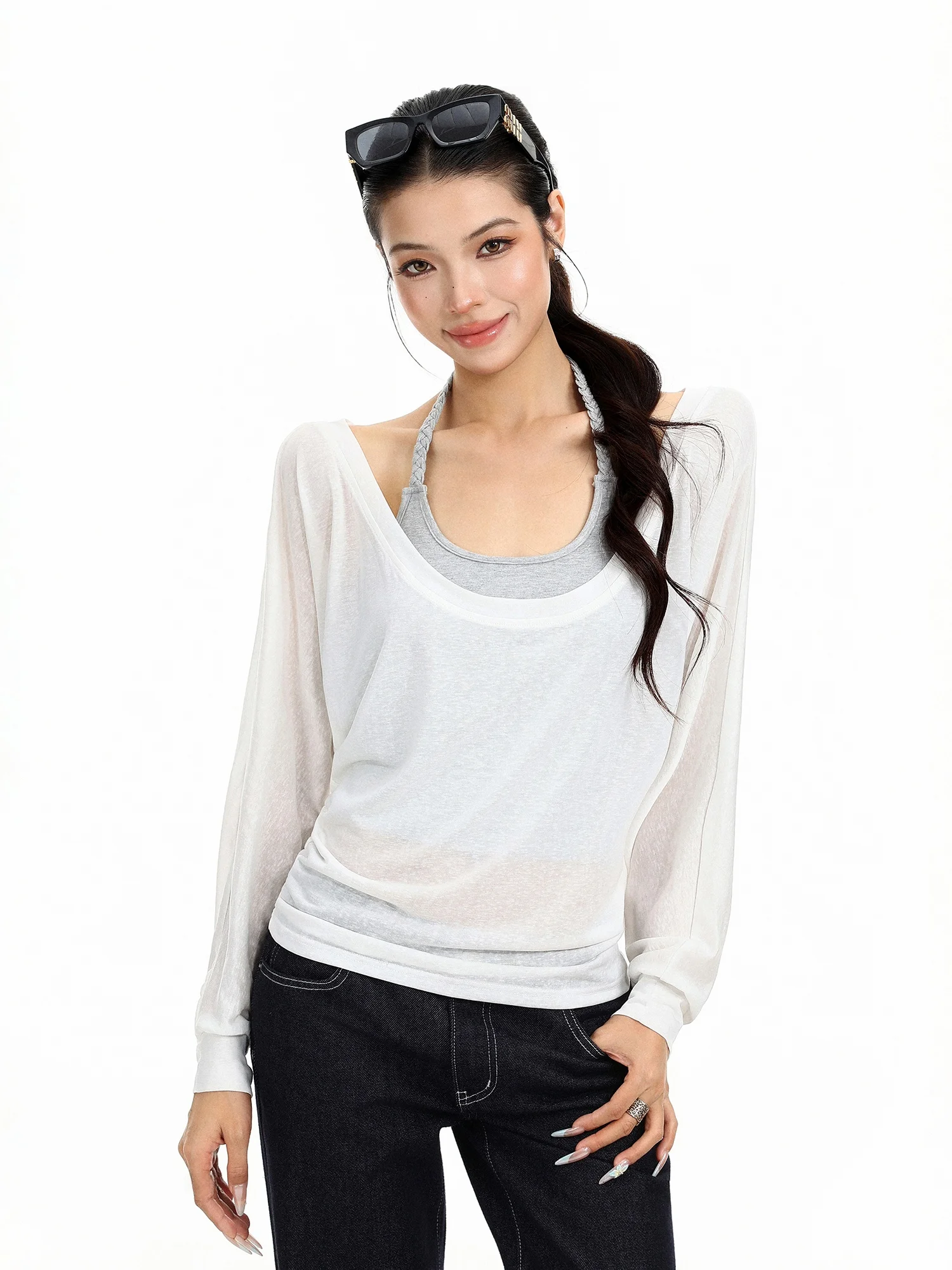 Long Sleeve Casual Women's T-shirt Sun Protection Two-Piece Set Korean Style Loose Fit Summer Top Breathable Comfortable Skin...
