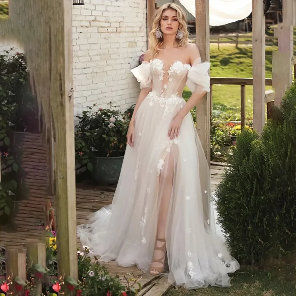 Sexy A-Line Elegant Wedding Dresses Off Shoulder Appliques High Split Bride Gowns Vestido De Novia Robe De Mariee Customized