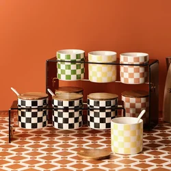 Home Ceramic Checkerboard Seasoning Jar Set Acrylic Storage Rack Seasoning Jar Combination Light Luxury Seasoning Box with Cover