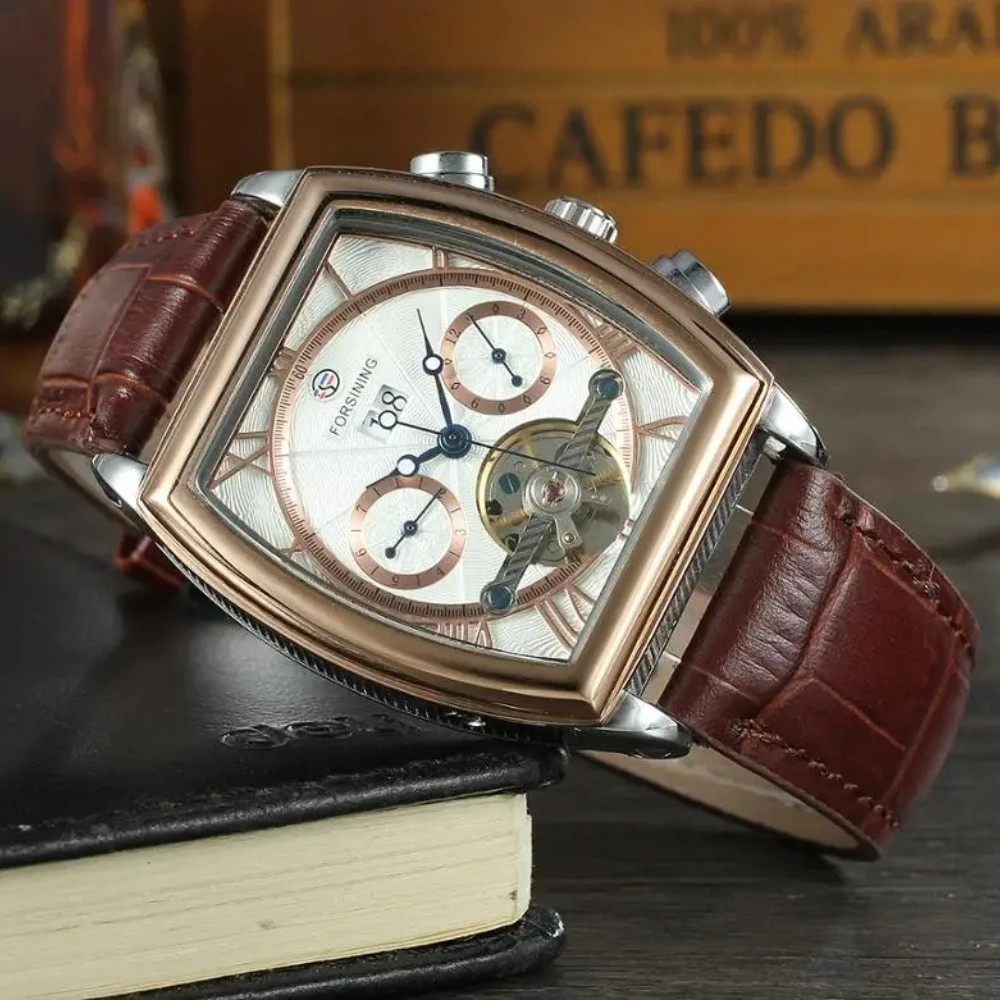 

Многофункциональные ретро-серии, прямоугольный циферблат, натуральный коричневый ремень с турбийоном, мужские автоматические часы с автоподзаводом, новые часы