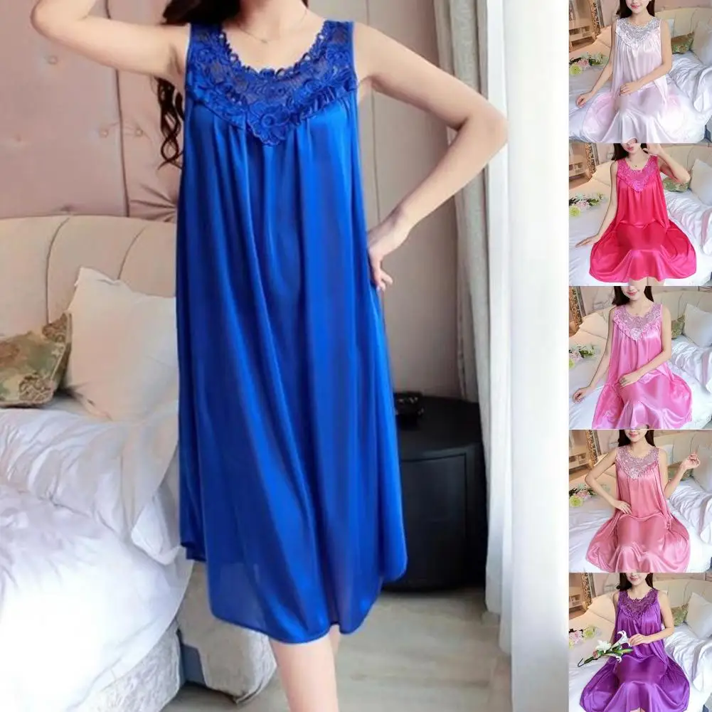 Women Nightgown Sleeveless Lace Stitching V-Neck Sexy Faux Silk Sleepwear Nighty Dress For Lady
