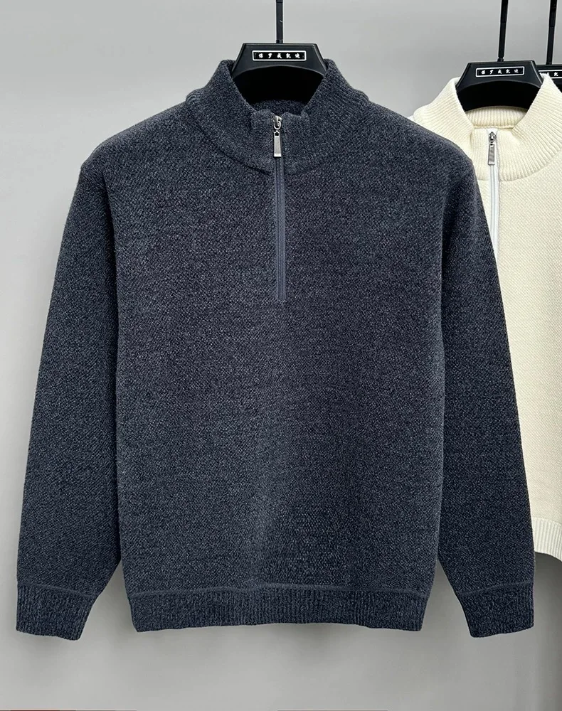 Mode luxe rits semi-hoge hals herentrui nieuwe effen kleur herfst winter pluche dikker comfort casual gebreide trui