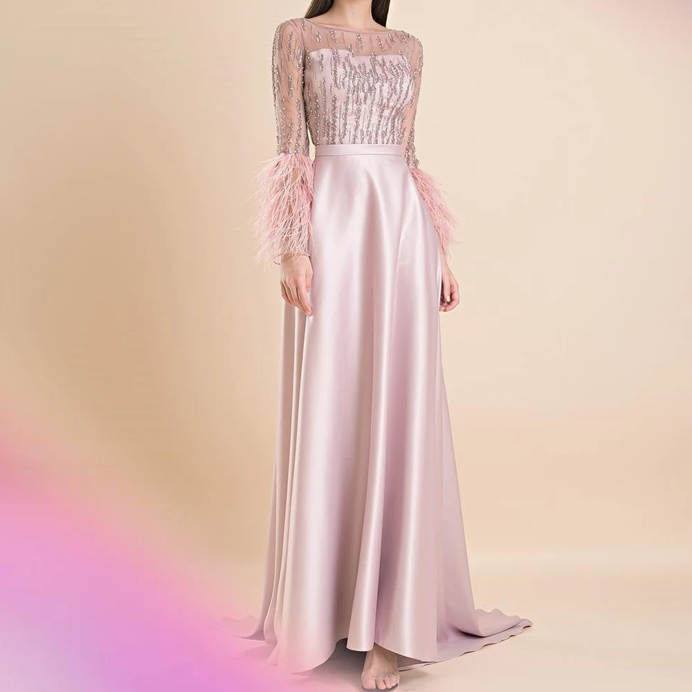 

Customized Exquisite Feathers Crystal Satin Off the Shoulder Evening Dress Delicate Boat Neck A-Line Long Sleeves Celebrity Gown