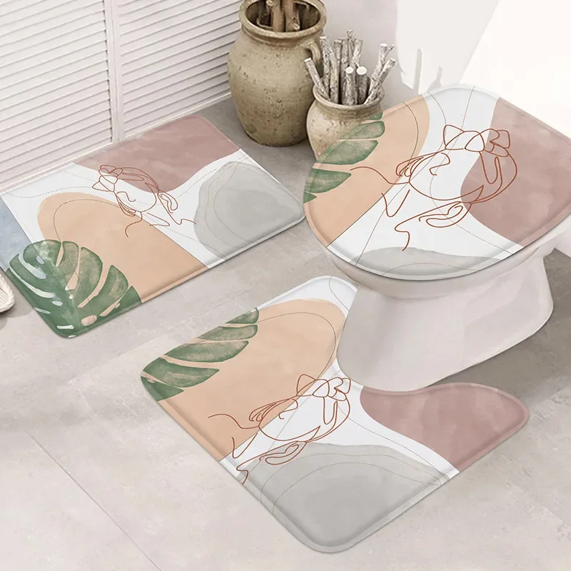 3pcs Plant Flower Bathroom Mat Set Toilet Lid Mat U Shape Absorbent Carpet Bathtub Anti Slip Mat
