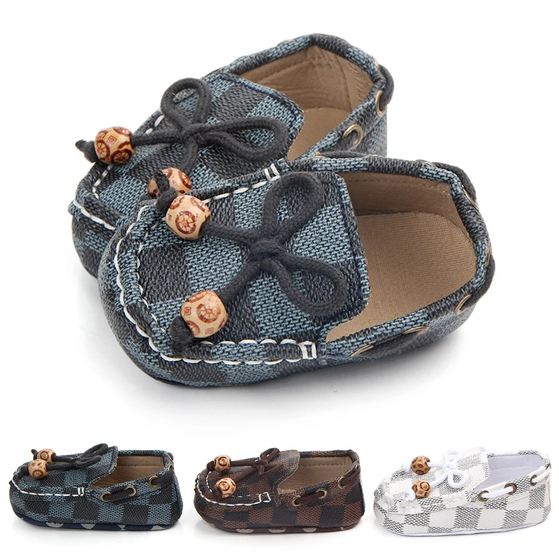 

Boys Girls Moccasins Baby Anti-Skid Soft Slip-on Crib Shoes Checkerboard Slippers for Infants