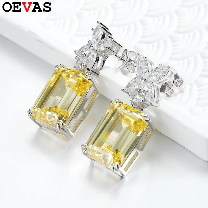 OEVAS Vintage 100% Srebro Próby 925 Szmaragdowy Szlif Diament Wysokowęglowy Kamień Szlachetny Wiszące Kolczyki Biżuteria Hurtowa