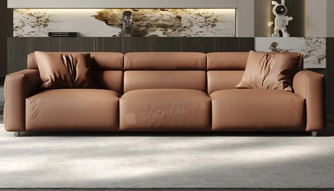 

Customizable 3-Seater Brown Genuine Leather Corner Sofa Lounge Sectional Wood Material Upholstered Legs Living Apartment Use