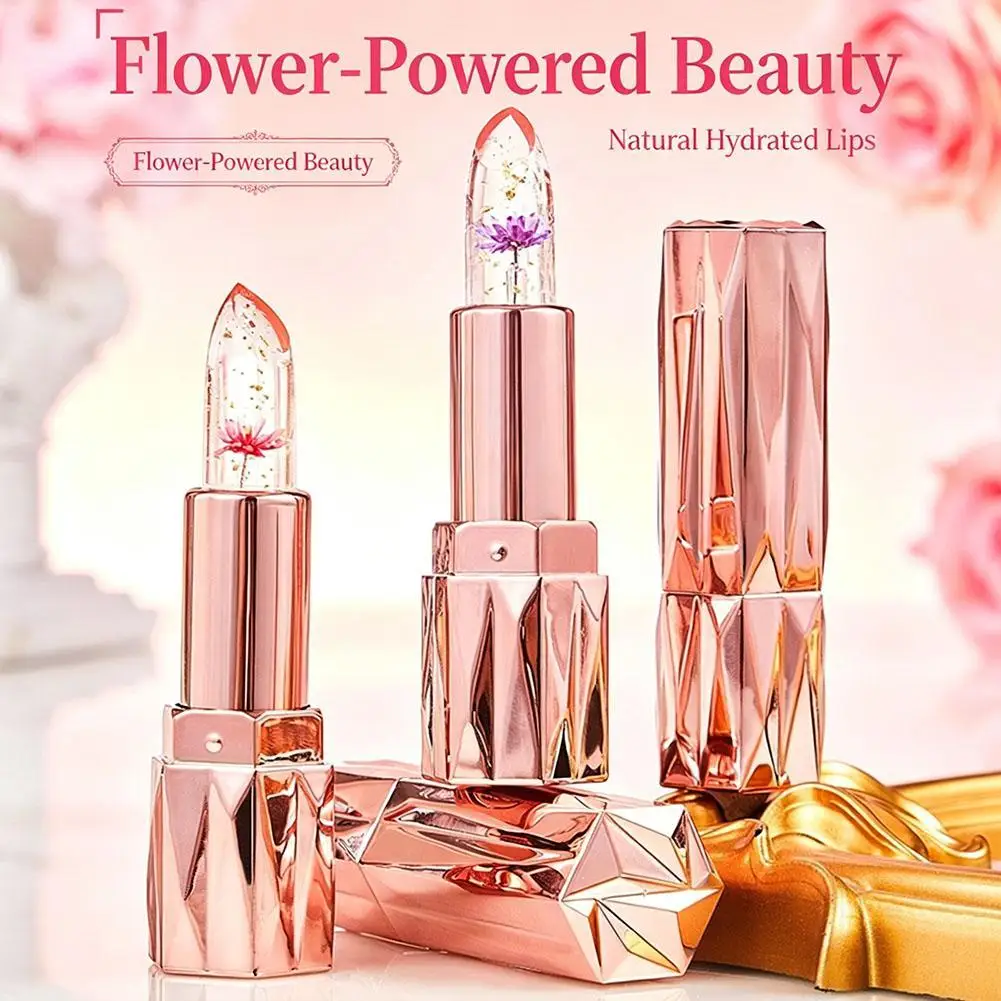 Temperature Color Changing Flower Lipstick Gold Foil Crystal Transparent Lip Balm Waterproof Moisturizer Makeup