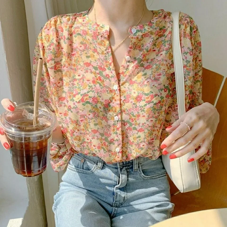 

New Fashion Women Elegant Print Chiffon Blouse Spring Summer Casual Long Sleeve V Neck Loose Shirt Office Lady Button Sweet Tops