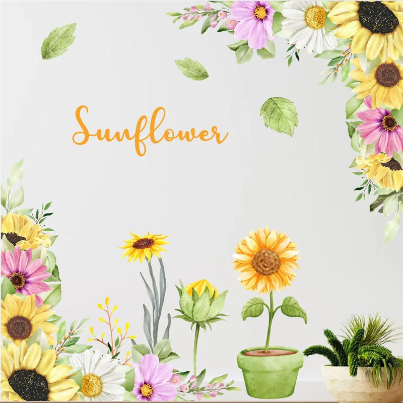 

Colourful Sunflowers Pot Wall Stickers For Office Store Studio Home Decoration Diy Plant Mural Art Pvc Decals Pastoral Posters