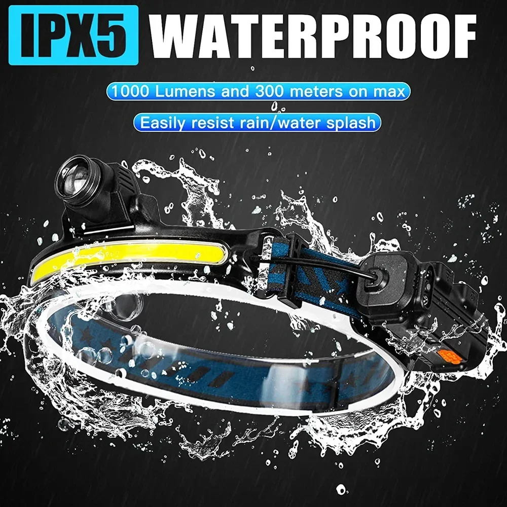 Potente linterna frontal con Sensor LED, linterna frontal recargable por USB con batería integrada de 2000Mah, linterna frontal para pesca y acampada al aire libre