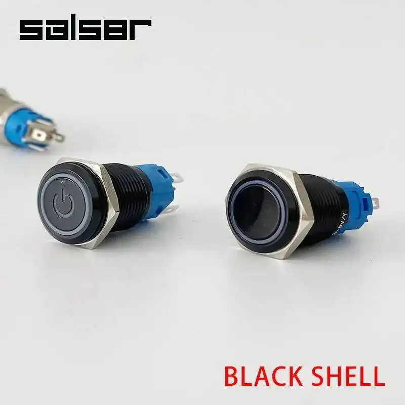 19mm Waterproof LED Light Anodize Black Momentary Latching Car Engine PC Power 3-380V DIY Metal Push Button Switch