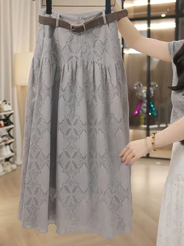 Retro Lace Hollow out A-Line Skirt Women's High Waist Midi Skirt Casual Wear Polyester Fiber Zipper Closure Summer 2025
