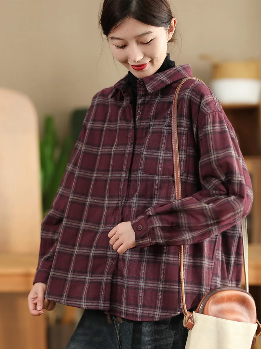 

Thiened Cotton irt Women's Winter Vintage Color Woven Plaid Jaet Warm Cotton Outerwear Long Sve Turn-down Collar