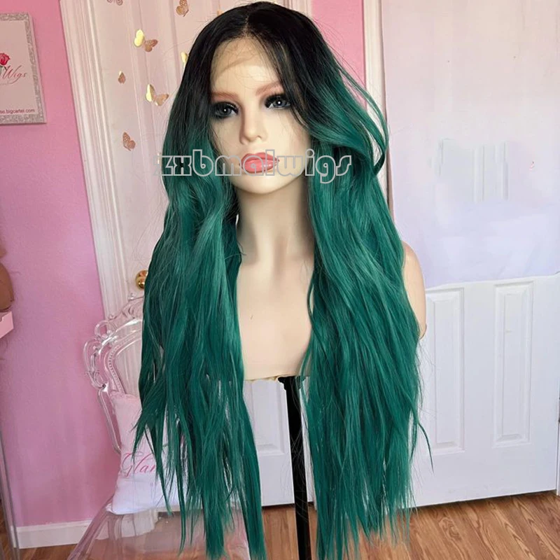 Ombre Green Wavy 13X4 Synthetic Hair Lace Front Wigs For Black Women Pre Plucked With Baby Hair Lace Frontal Wigs  Black Wig