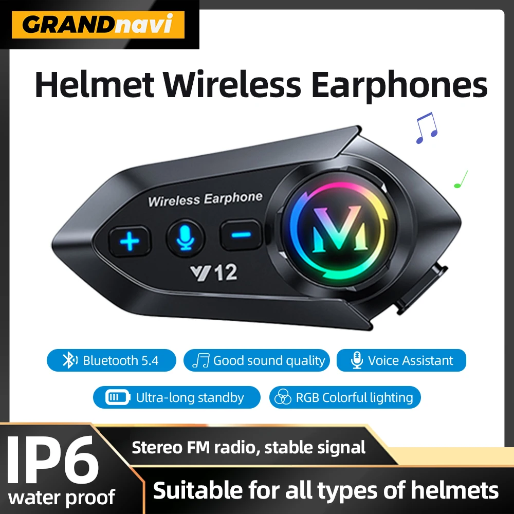 

Grandnavi Y12 гарнитура для мотоциклетного шлема стерео голосовое управление Bluetooth наушники Hands Free Call IP6 водонепроницаемый с RGB подсветкой