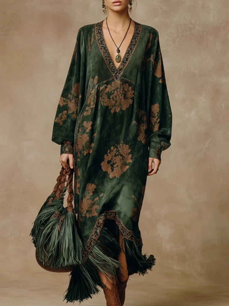 Elegantes Damen-Wildlederkleid mit Fransenbesatz, lockerem V-Ausschnitt, langen Ärmeln, Boho-Stil, hoher Taille, Blumenmuster, Abendkleid, Maxikleid