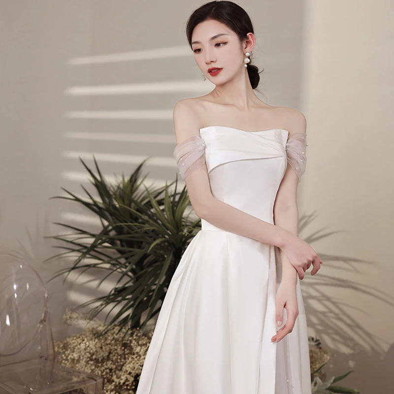 

Французское легкое свадебное платье, элегантное атласное белое вечернее платье без рукавов, летние женские платья с жемчугом и открытыми плечами для выпускного вечера