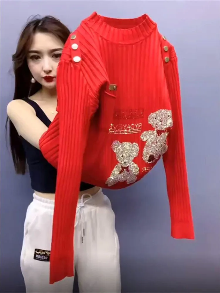 

Winter Half High Collar Sweater Women's Heavy Industry Hot Diamond Bear Versatile Red Long Sleeve Hooded Knitted Base Sweater