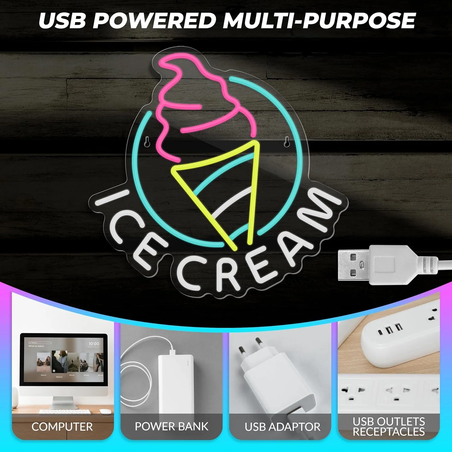 Ice Cream Neon Sign for Wall Decor Dimmable Ice Cream Led Neon Sign for Ice cream Shop Birthday Christmas Party Bedroom Bar Drin