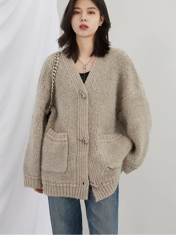 CHIC VEN Korean Women Cardigan Loose V-neck Ladies Knitwears Thick Warm Fashion Sweater Woman Knitted Jumpers Autumn Winter 2024