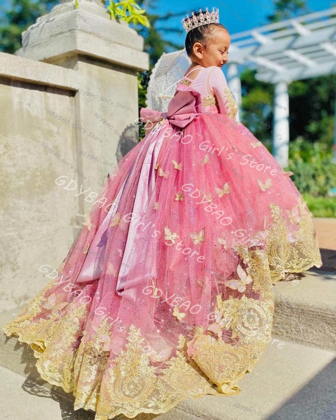 Vestido de princesa de encaje dorado para niñas, vestido rosa de manga larga para boda, vestido de niña de flores con lazo, vestidos de cumpleaños para desfile, hechos a medida